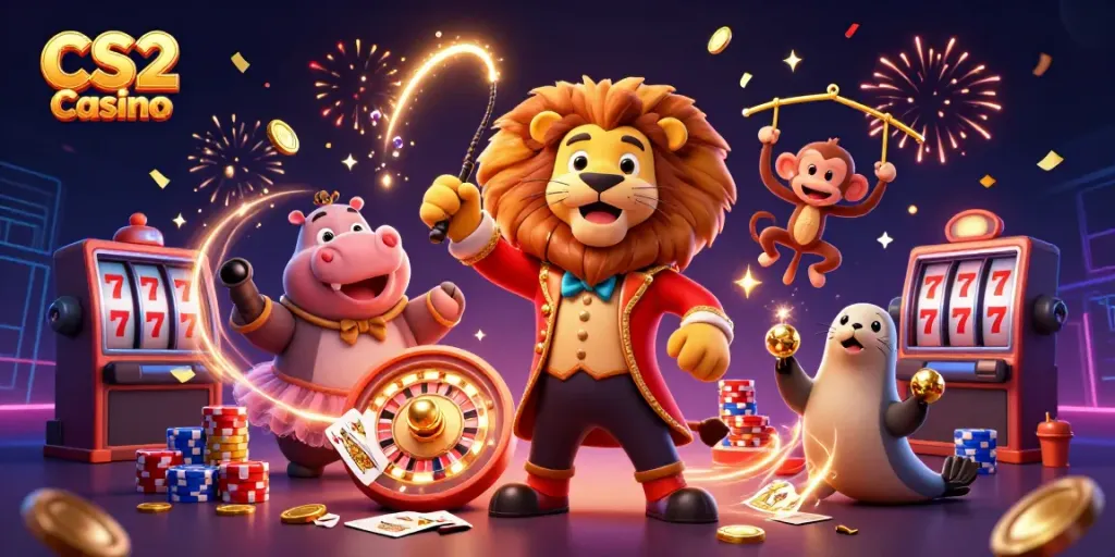 Engaging action scene in a CS2 Casino with a ringmaster lion, vibrant games, and sparkling elements
