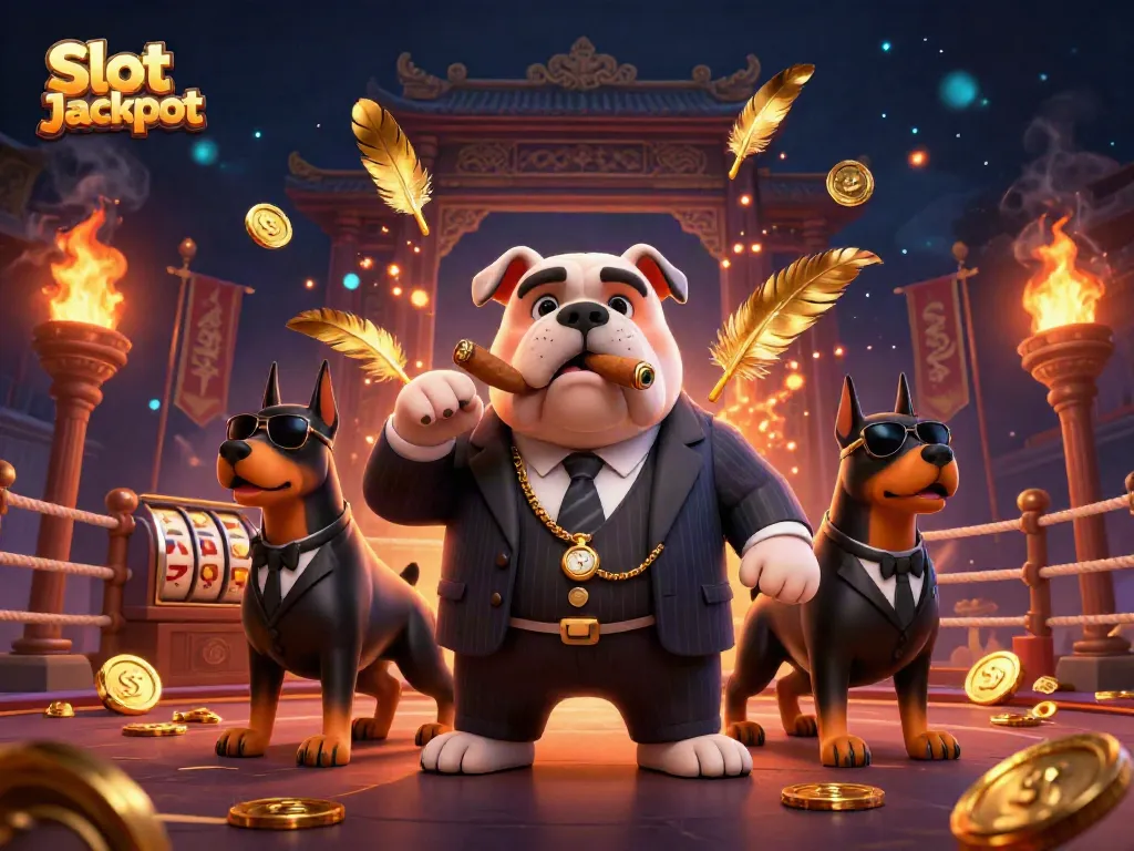 Engaging illustration of Slot Jackpot featuring a mafia bulldog and bodyguard Dobermans in a vibrant casino scene.