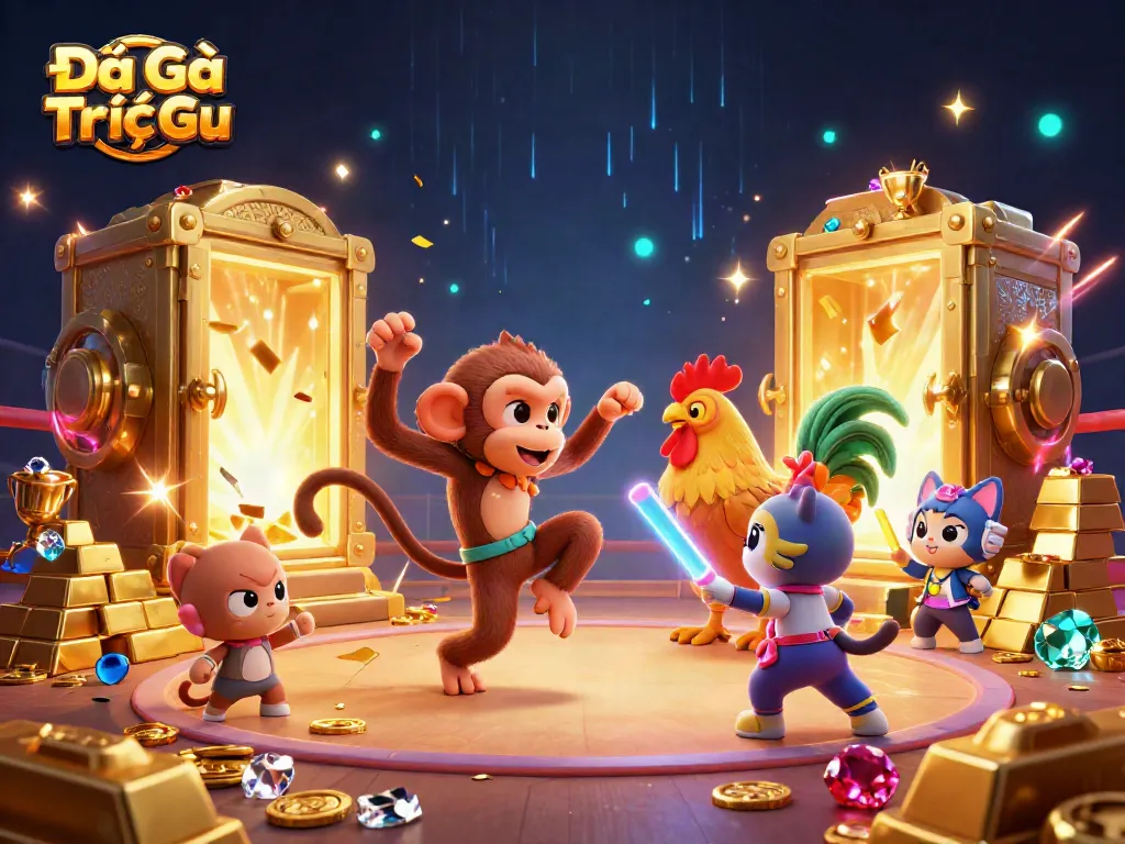 Engage in Đá Gà Trực Tiếp with vibrant characters in an exciting cockfighting arena, gold treasure scattered throughout.