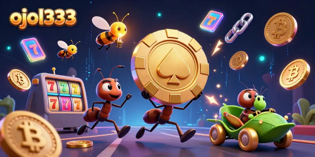 Game tips and strategies for ojol333 while a team of cartoon ants carries a giant poker chip.
