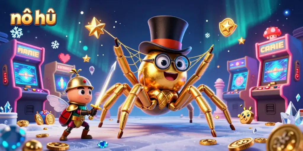 Nổ hũ action unfolding with a golden tarantula and beetle knight in an animated casino scene.