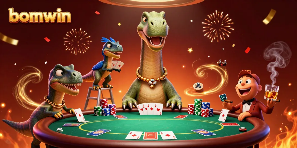 Experience thrilling poker action at bomwin with a 3D dinosaur dealer and festive casino atmosphere