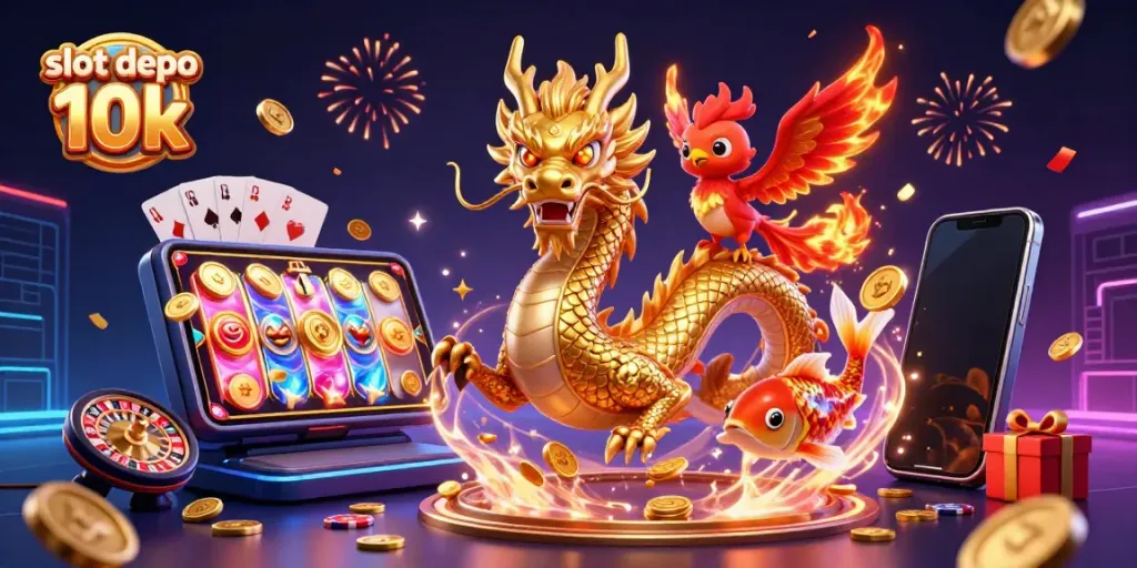 Spin to win with "slot depo 10k" featuring a thrilling scene of a dragon, phoenix, and koi fish.