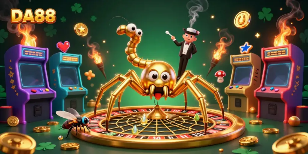 Experience thrilling casino action with DA88, featuring a golden spider and dynamic game elements.