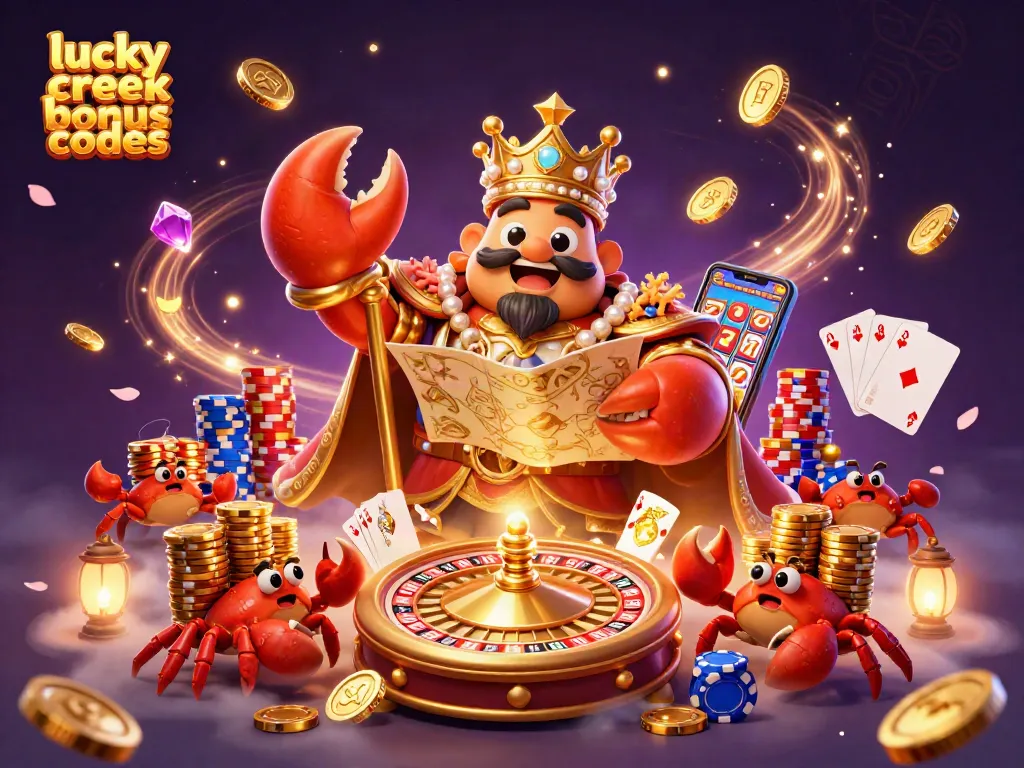 Experience excitement with lucky creek bonus codes featuring a golden crab emperor and vibrant casino elements.